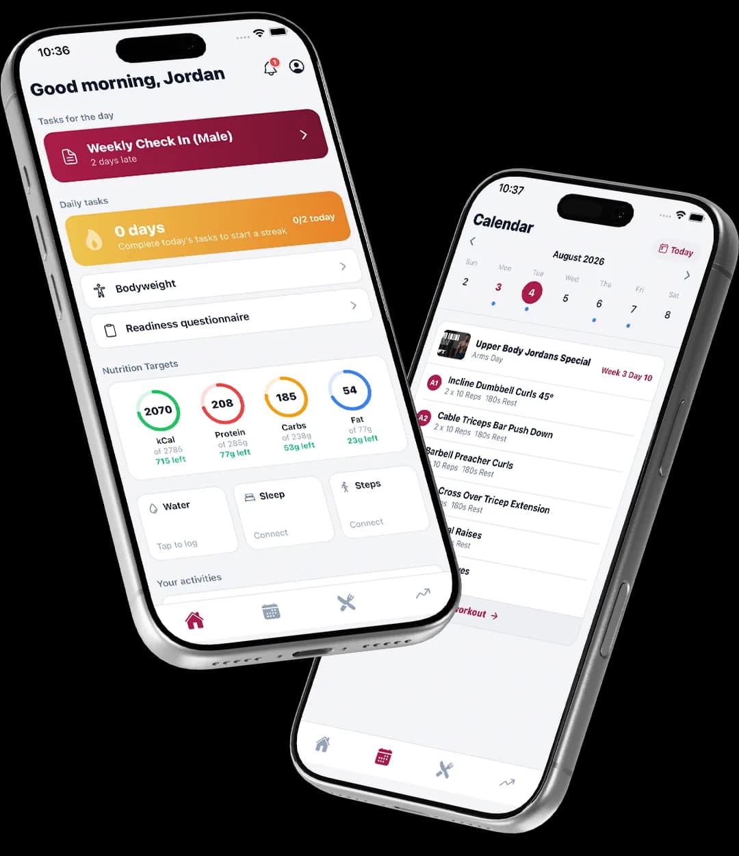 The TrainerStack client app on two phones: today's check-in, tasks, and nutrition on one, the workout calendar on the other.