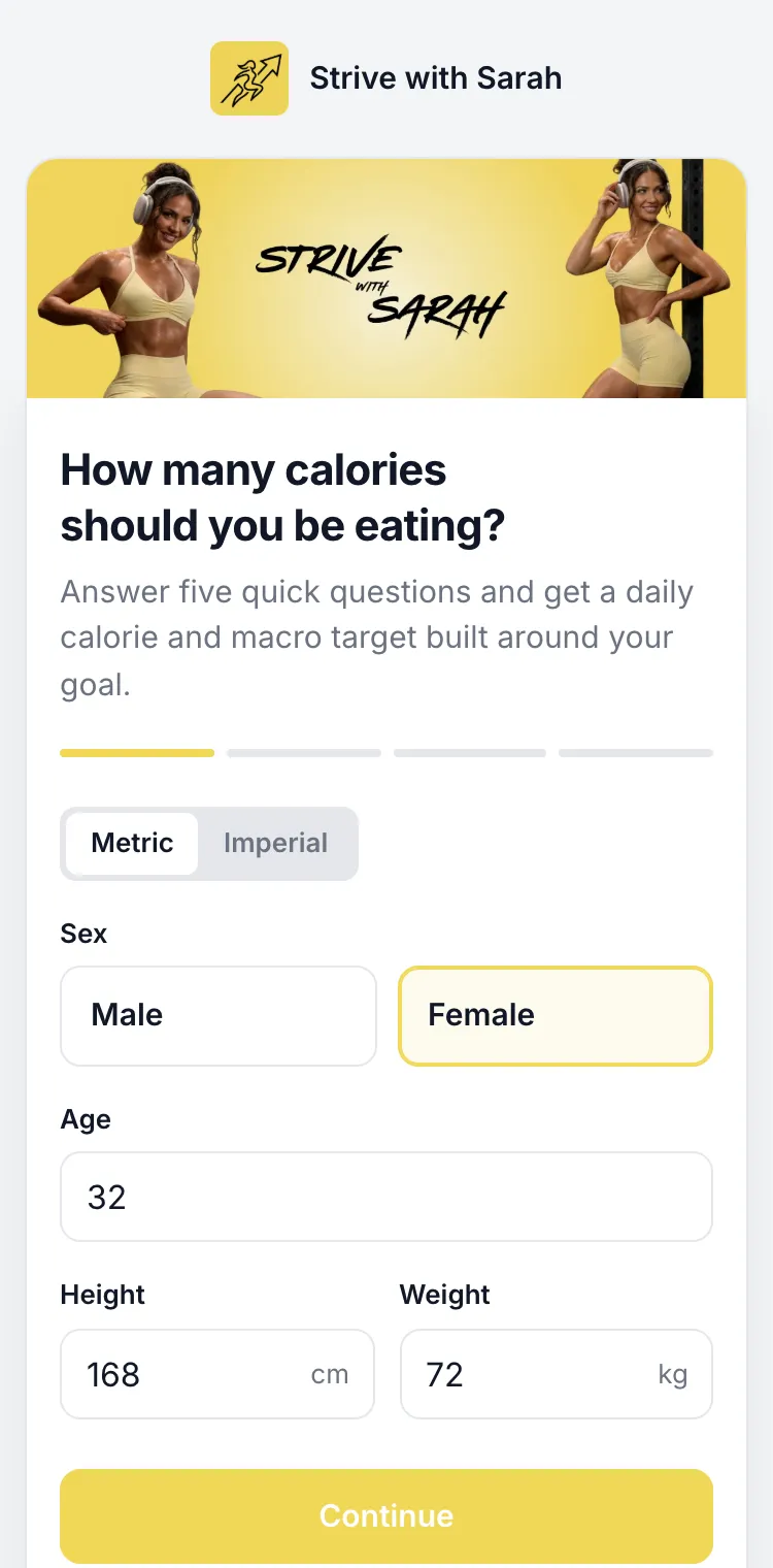 Strive with Sarah’s calorie calculator on a phone: sex, age, height and weight filled in