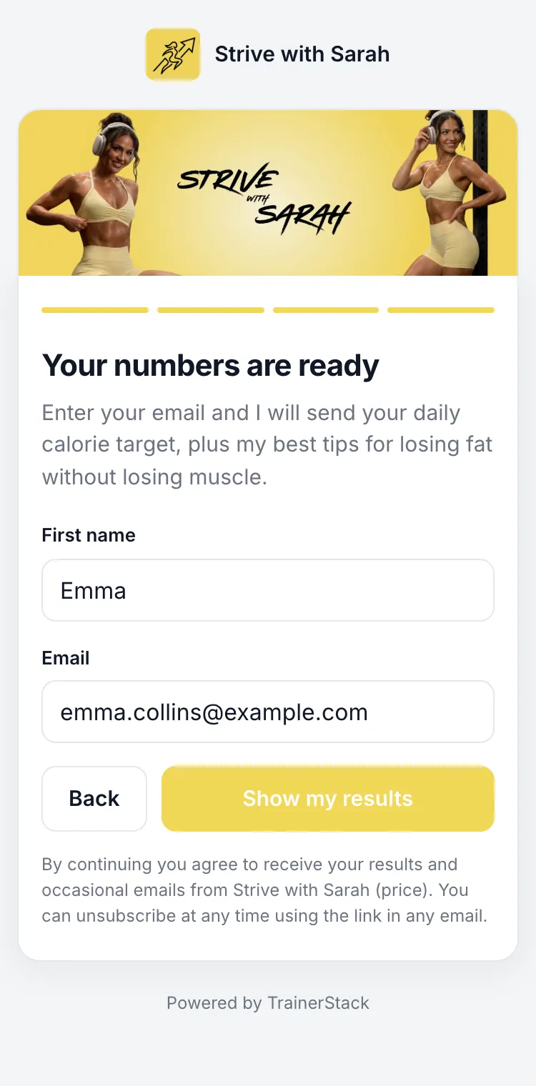 The last step: your numbers are ready, with a first name and email entered and a Show my results button