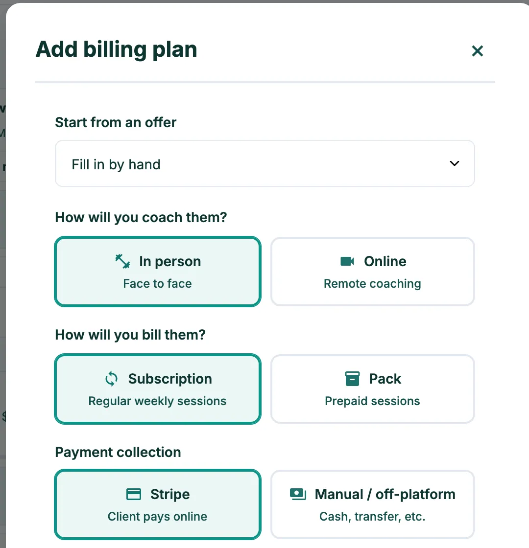 The Add billing plan form: in person or online, subscription or pack, collected through Stripe or manually