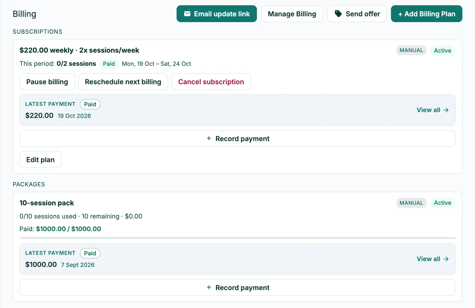 A client’s Billing & Sessions tab: an active weekly subscription with its latest payment paid, and a 10-session pack