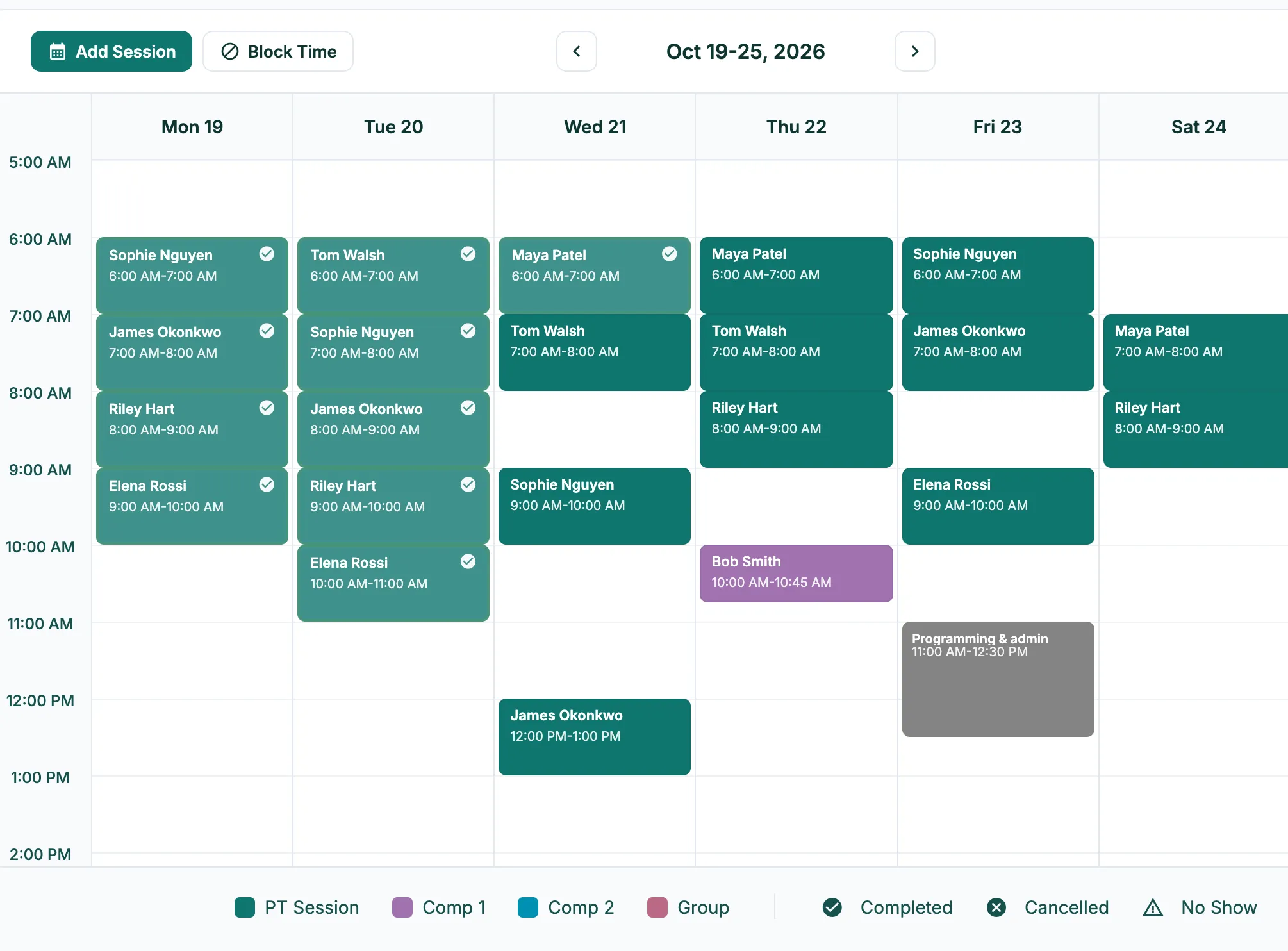 The calendar week view: training sessions each morning, a consultation on Thursday and a blocked slot for programming on Friday