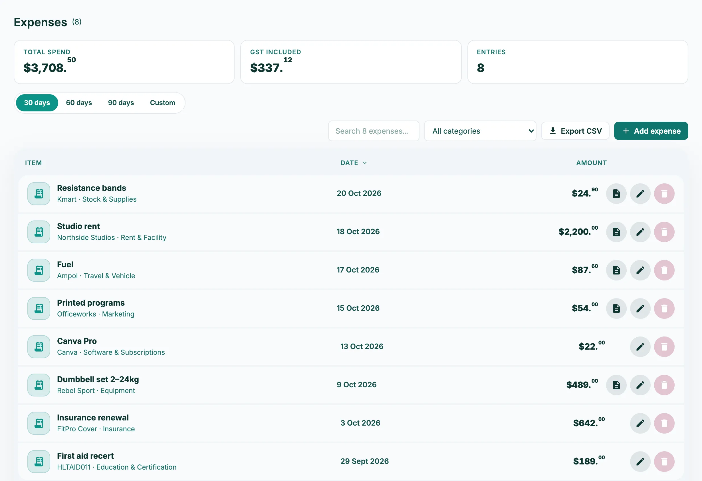 The Expenses page: Total spend and GST included tiles, a month of entries with receipts attached and an Export CSV button
