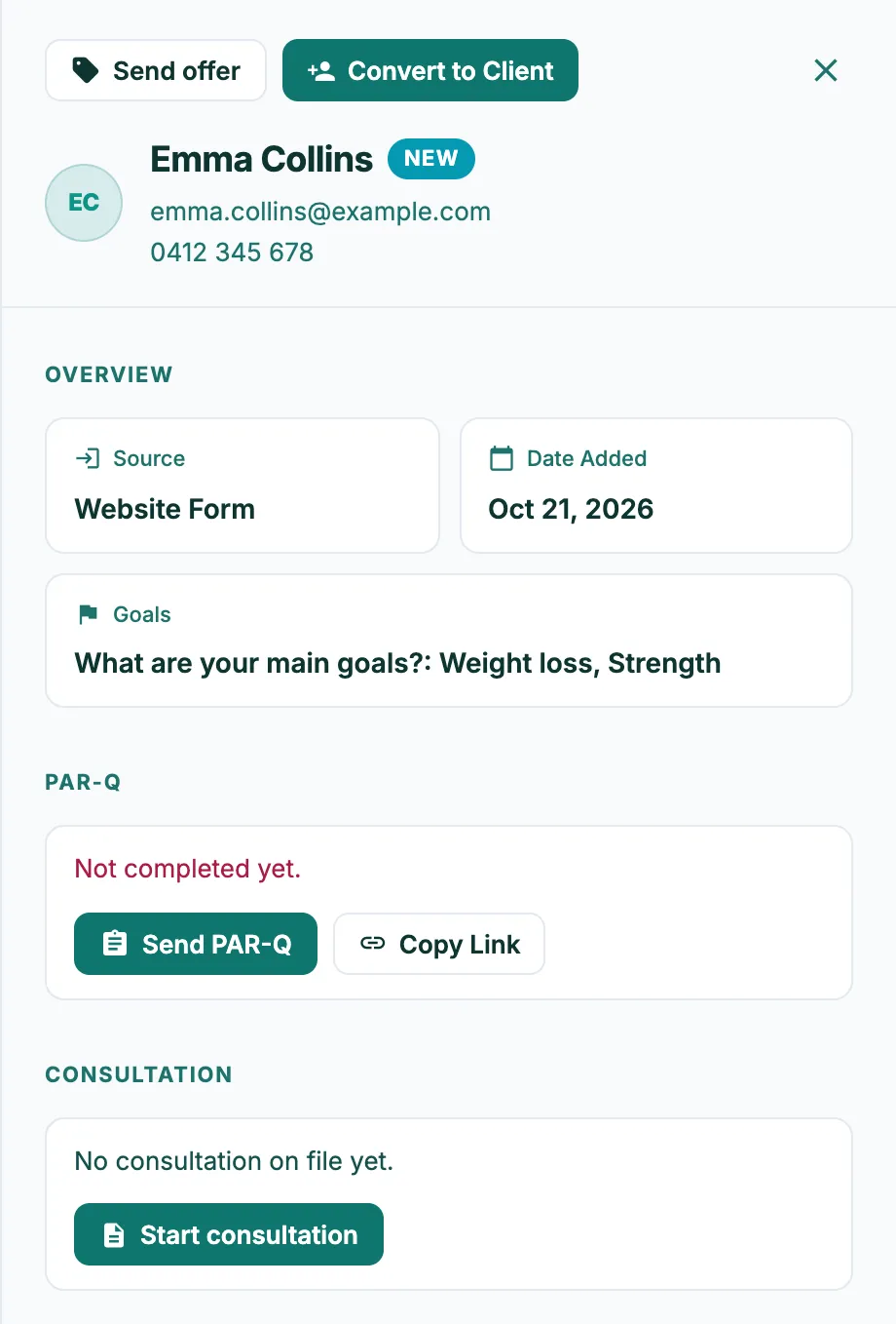 A lead just in from the enquiry form: marked New, source Website Form, their goals from the form, and buttons to send the PAR-Q or convert them to a client
