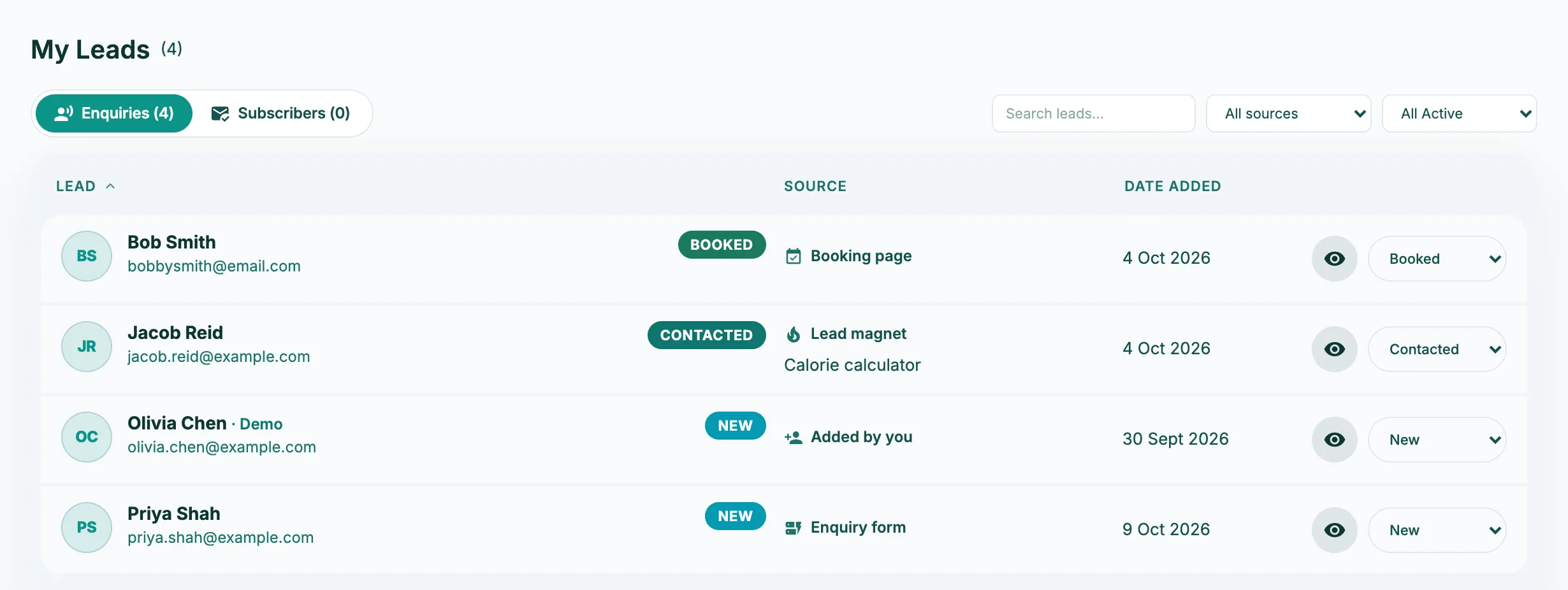 The My Leads pipeline: four enquiries at Booked, Contacted and New, each with its source and date added