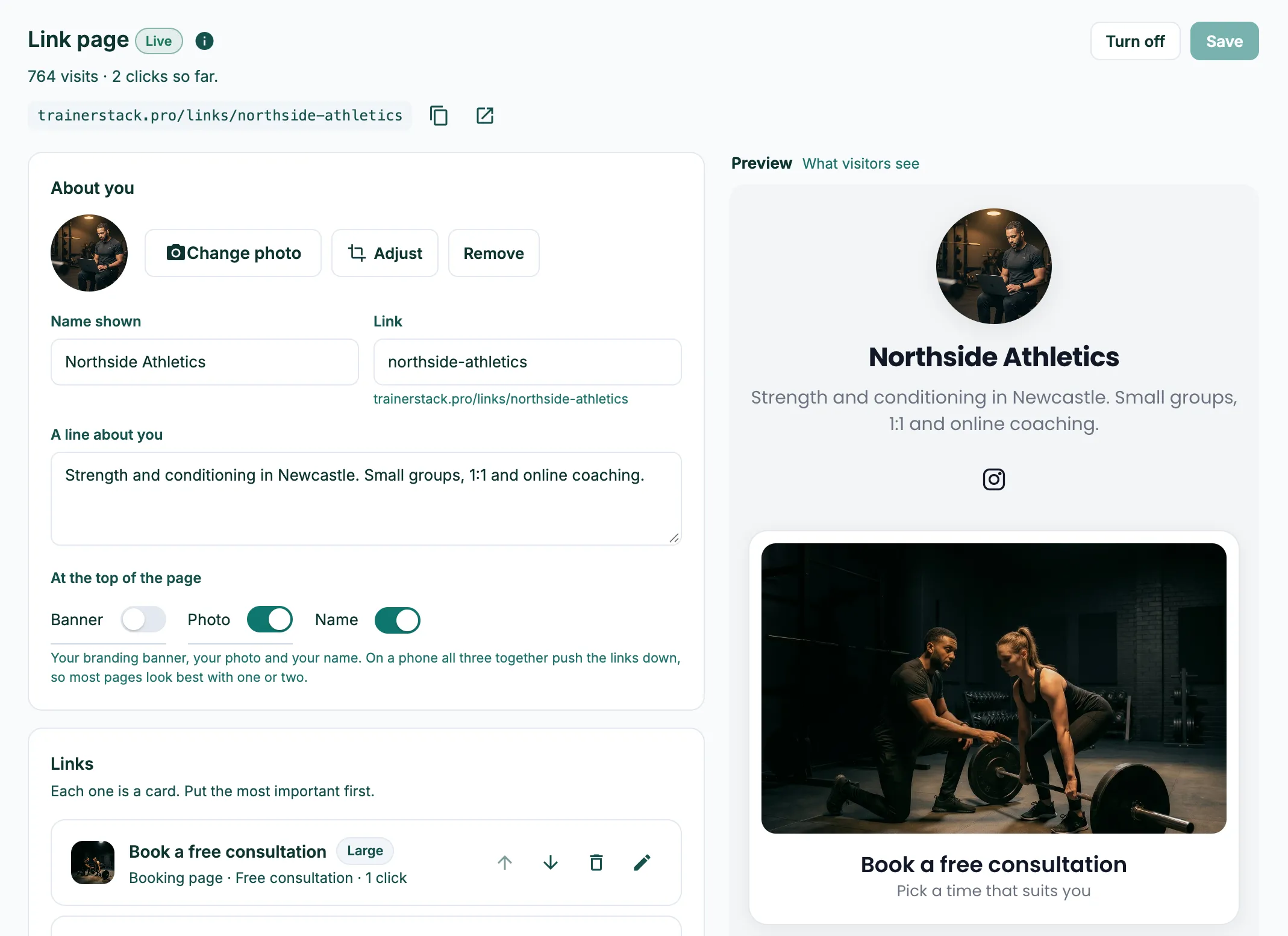 The link page editor: photo, name, address and a line about the trainer on the left, and a live preview of the page on the right
