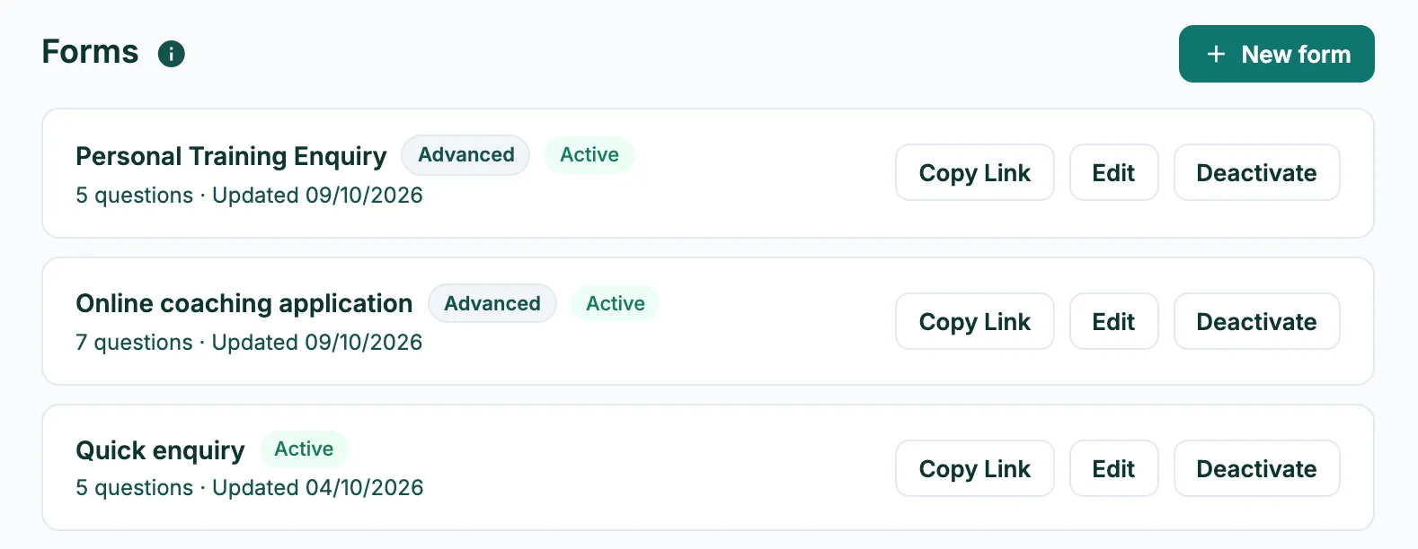 Marketing, Forms: three enquiry forms, each with Copy Link, Edit and Deactivate