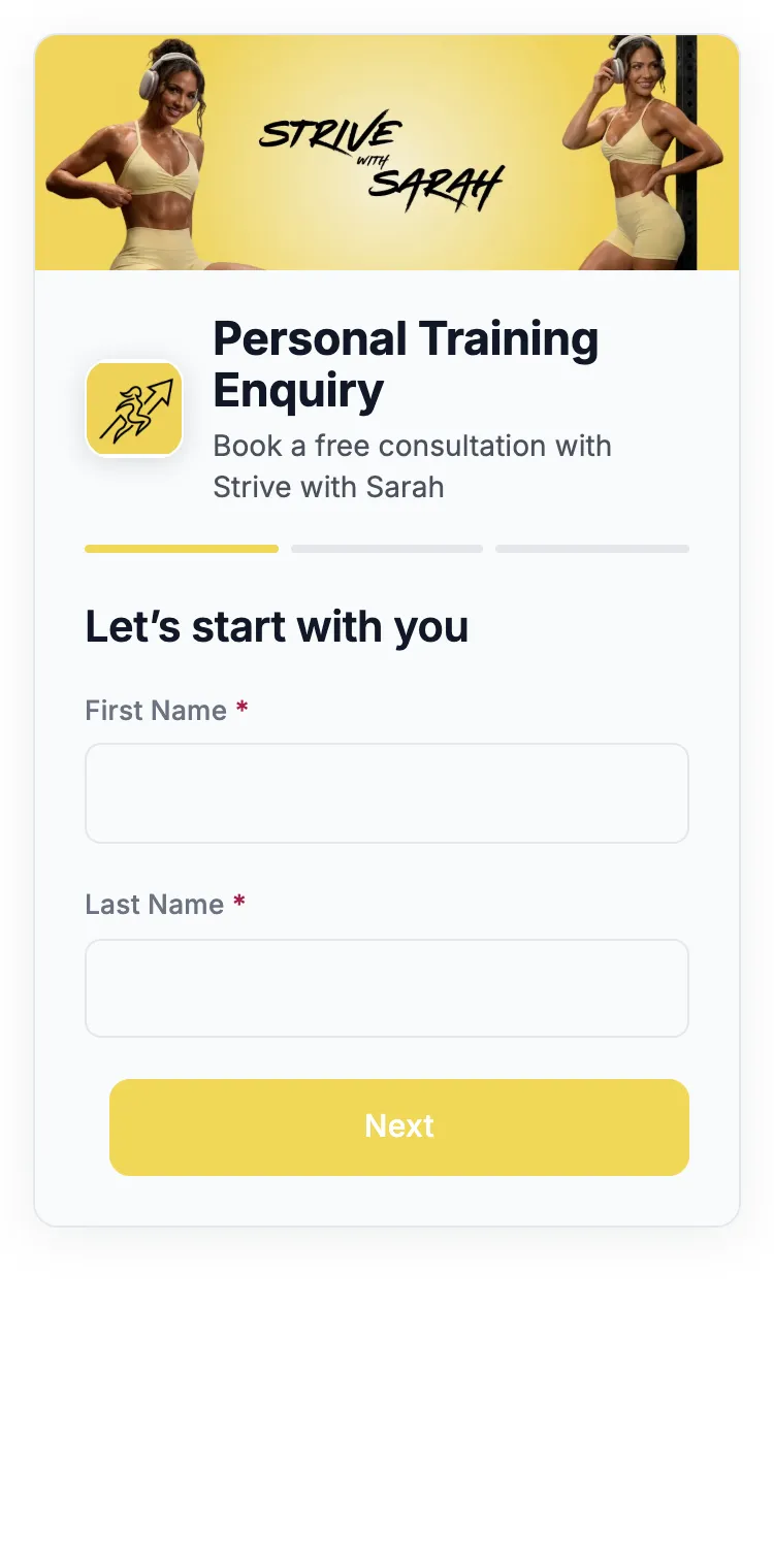 Strive with Sarah’s enquiry form on a phone: her banner and logo, open on the first page asking for a name