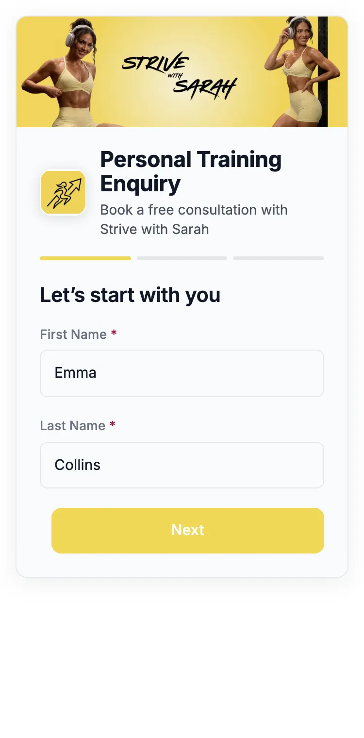 The first page filled in with a first and last name