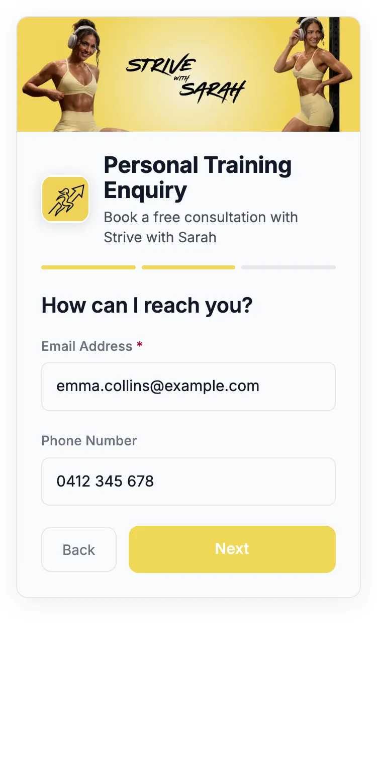 The second page with an email address and phone number filled in