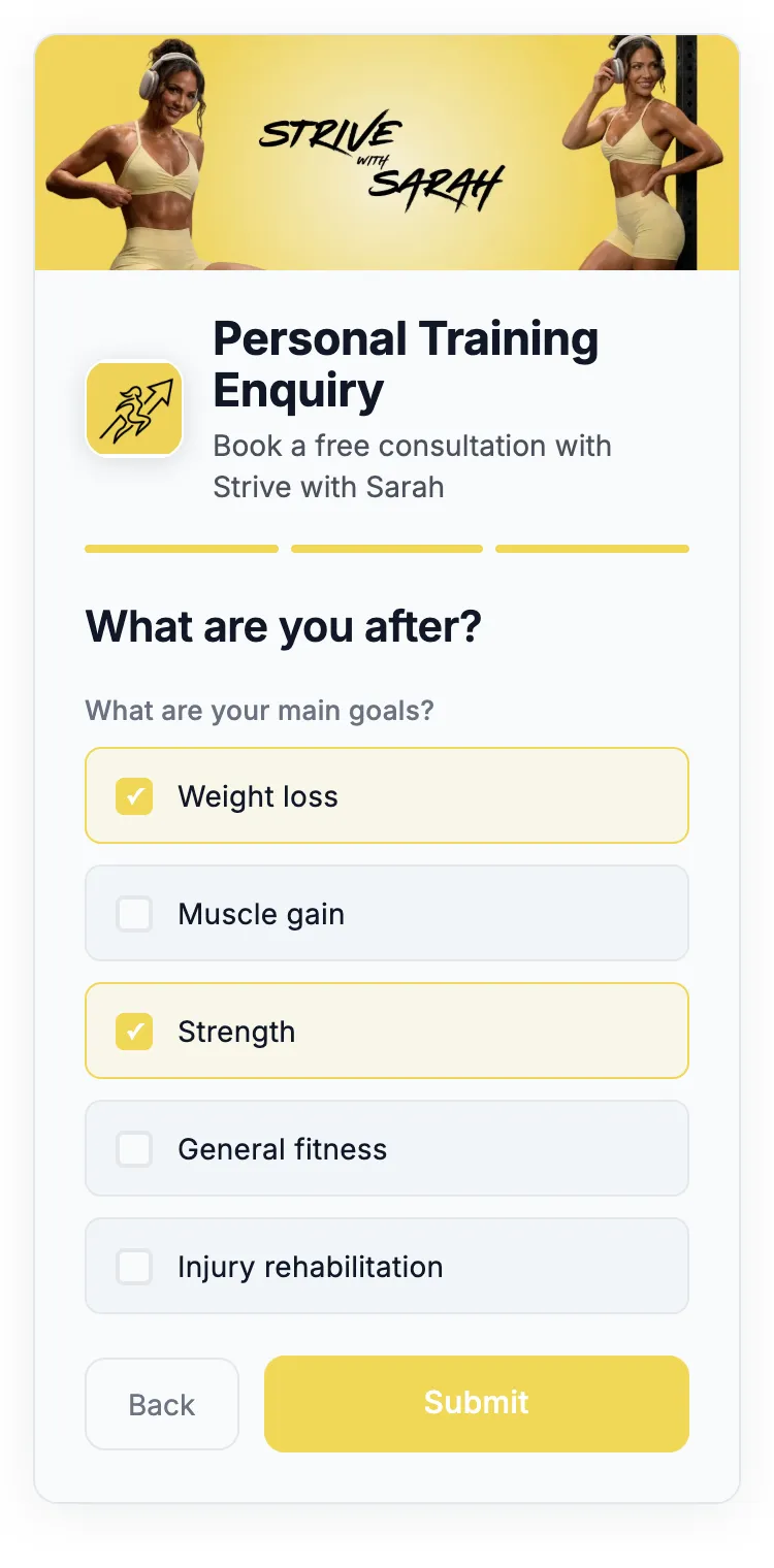 The last page with weight loss and strength ticked as goals, ready to submit