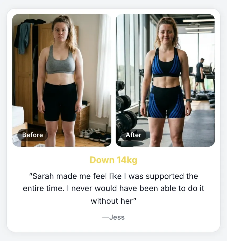 One result on Strive with Sarah’s testimonial page: before and after photos, Down 14kg, and the client’s words