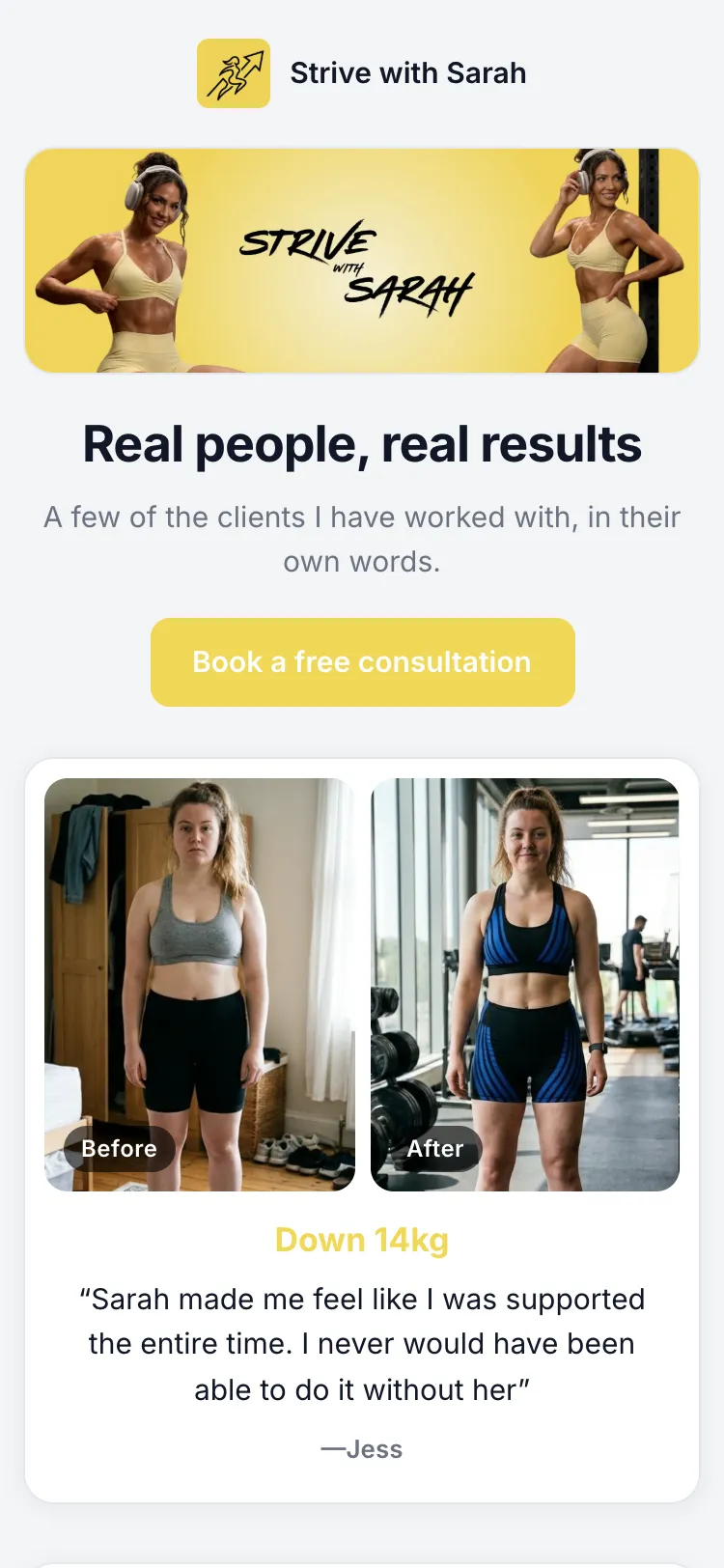 Strive with Sarah’s testimonial page on a phone: her banner, a booking button, and a client’s before and after photos with the result