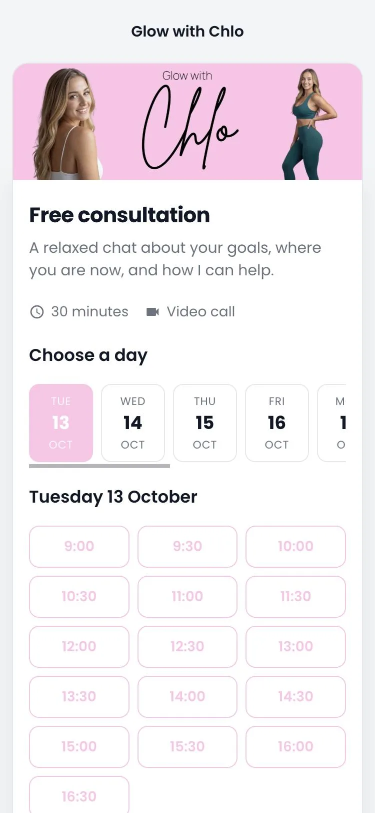 Glow with Chlo’s booking page in her pink branding