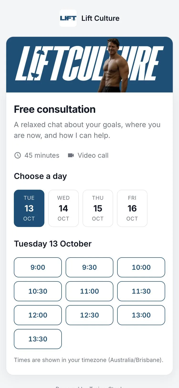 Lift Culture’s booking page: a free 45-minute video consultation with a choice of day and time