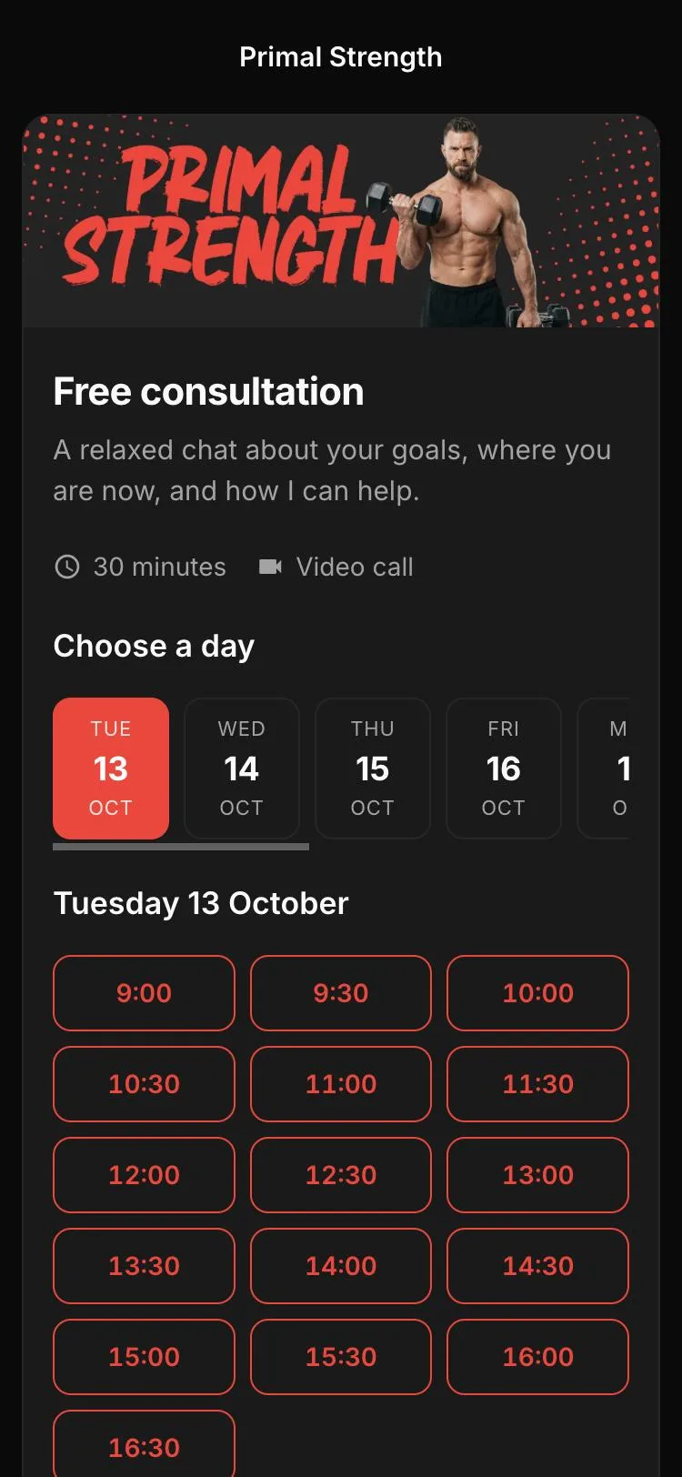 Primal Strength’s booking page in a dark theme with red accents