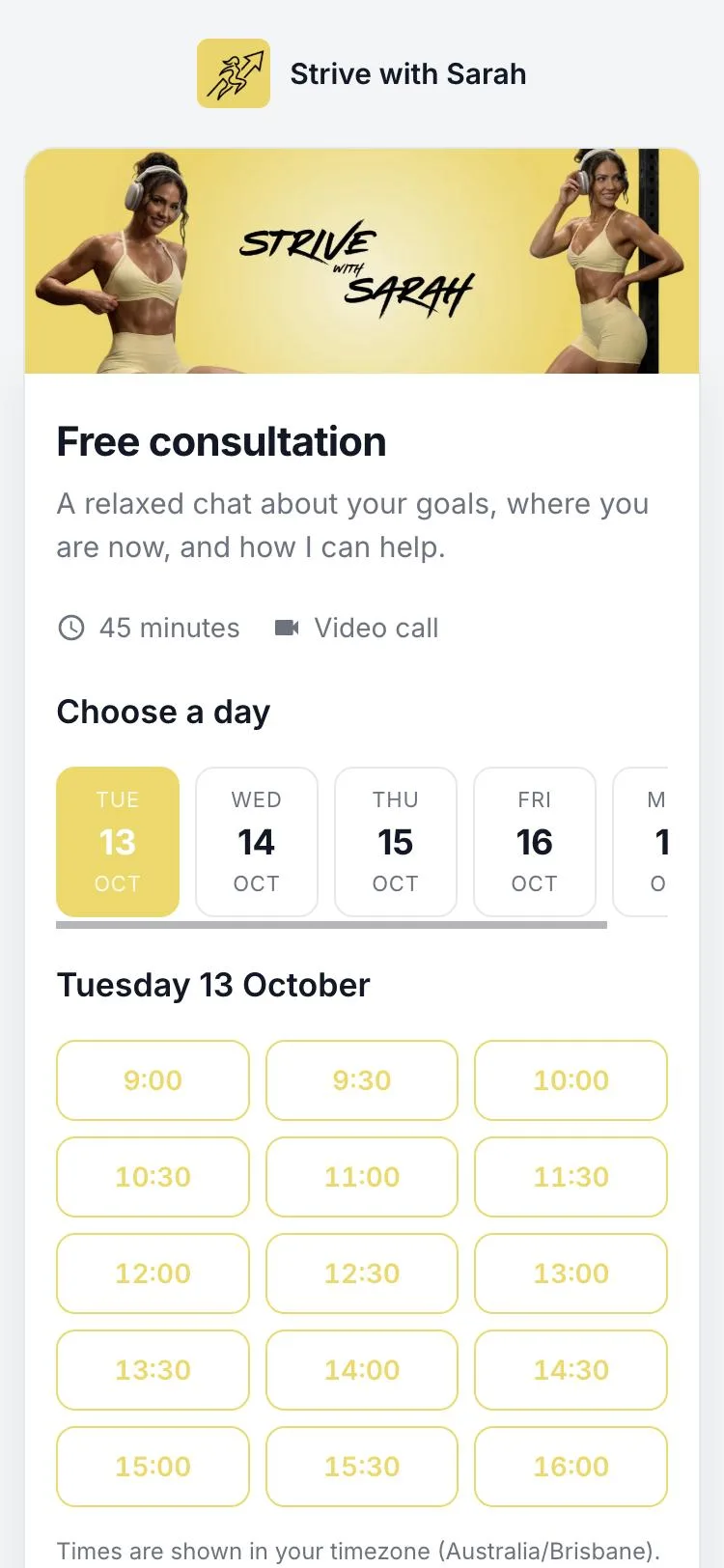 Strive with Sarah’s booking page in her yellow branding