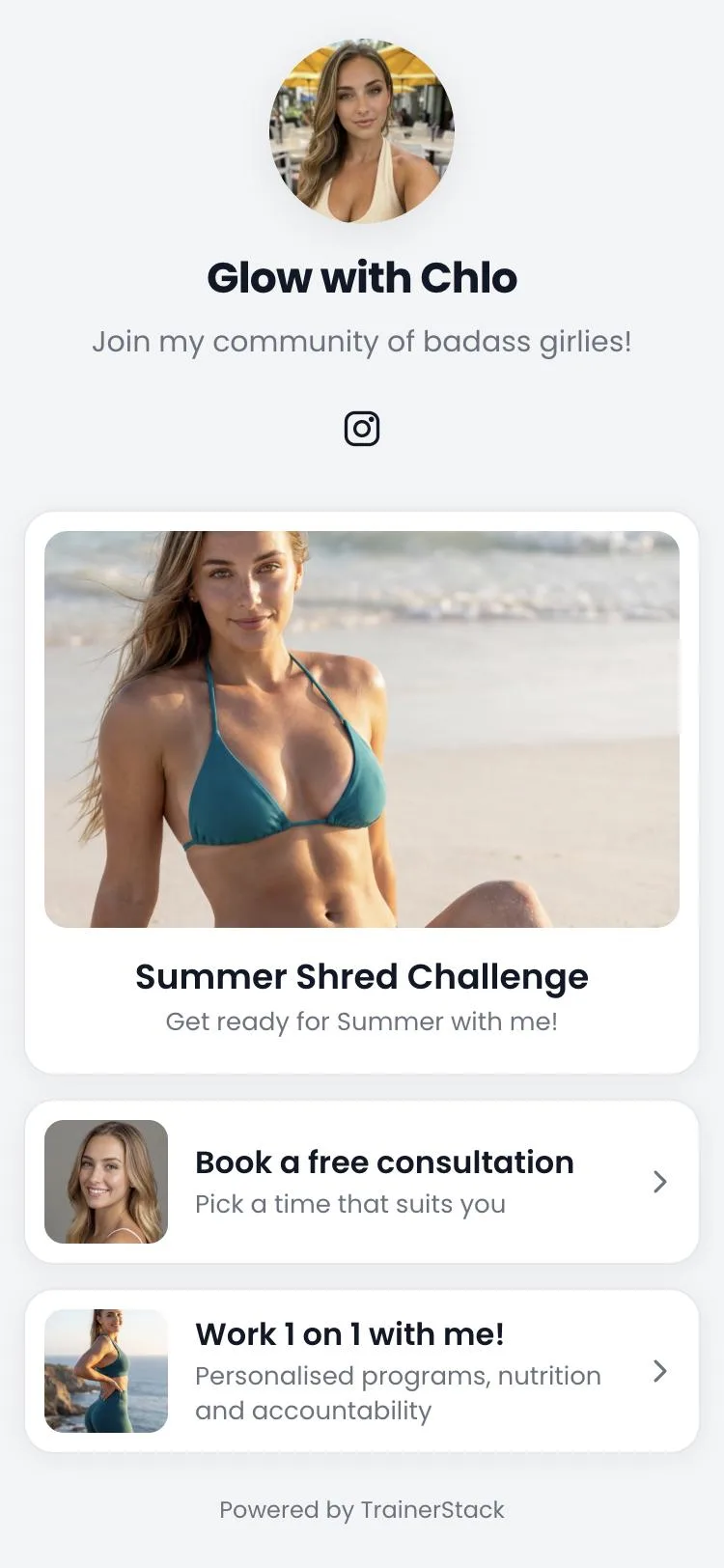 Glow with Chlo’s link page: photo, a line about her, a Summer Shred Challenge card and booking and coaching cards