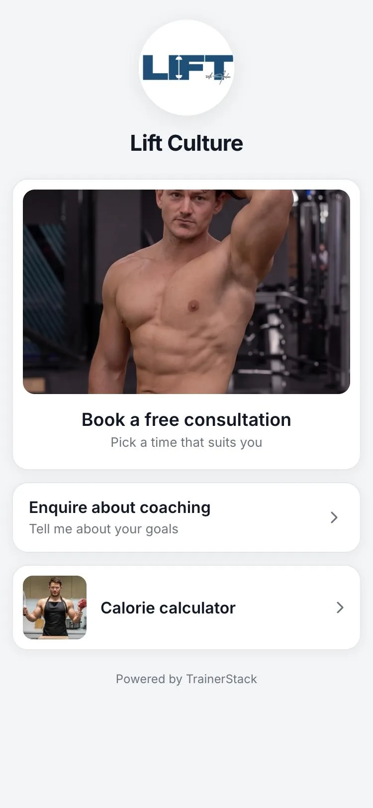 Lift Culture’s link page with a booking card, an enquiry card and a calorie calculator card