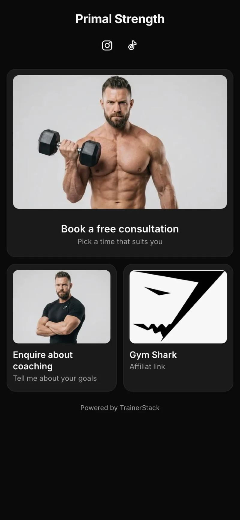 Primal Strength’s link page in the grid layout: a dark theme with one large consultation card and two smaller photo cards side by side