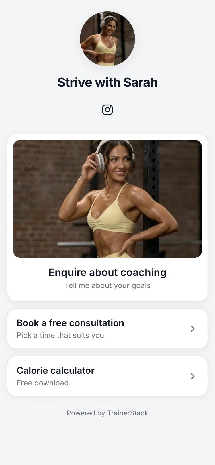 Strive with Sarah’s link page with an enquiry card, a booking card and a free download