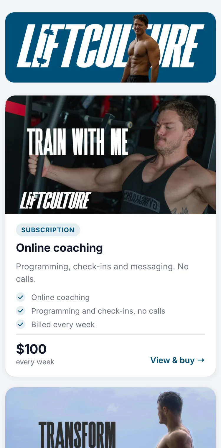 Lift Culture’s store on a phone: the branded banner and an online coaching subscription with its photo
