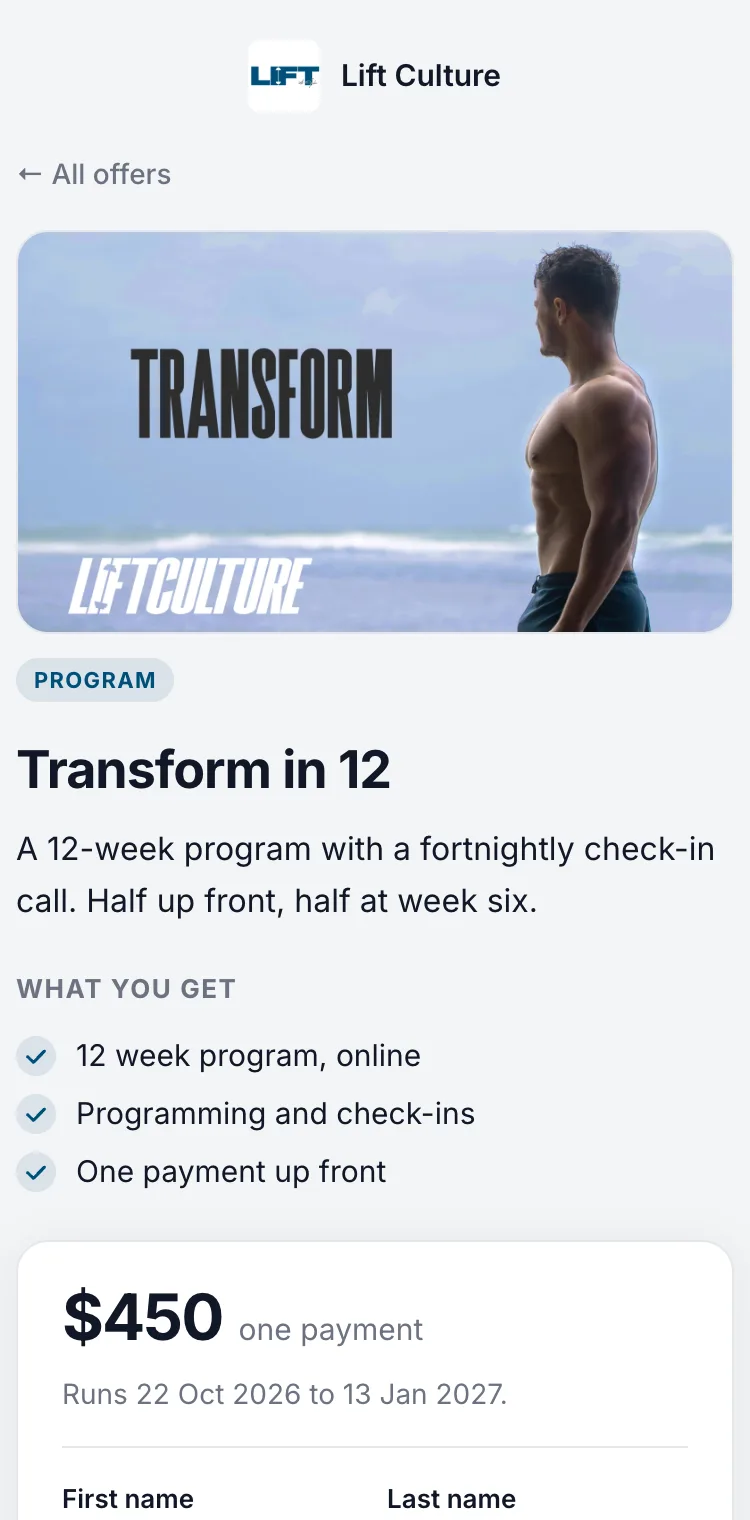 The program’s page: what’s included, $450 in one payment, and the dates it runs