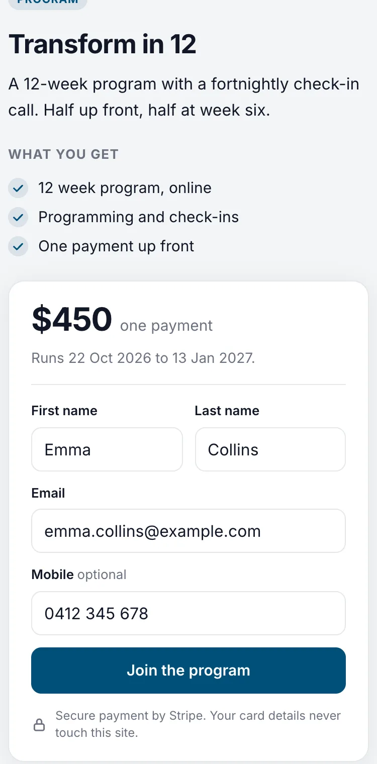 The buy form filled in with a name, email and mobile, and a Join the program button